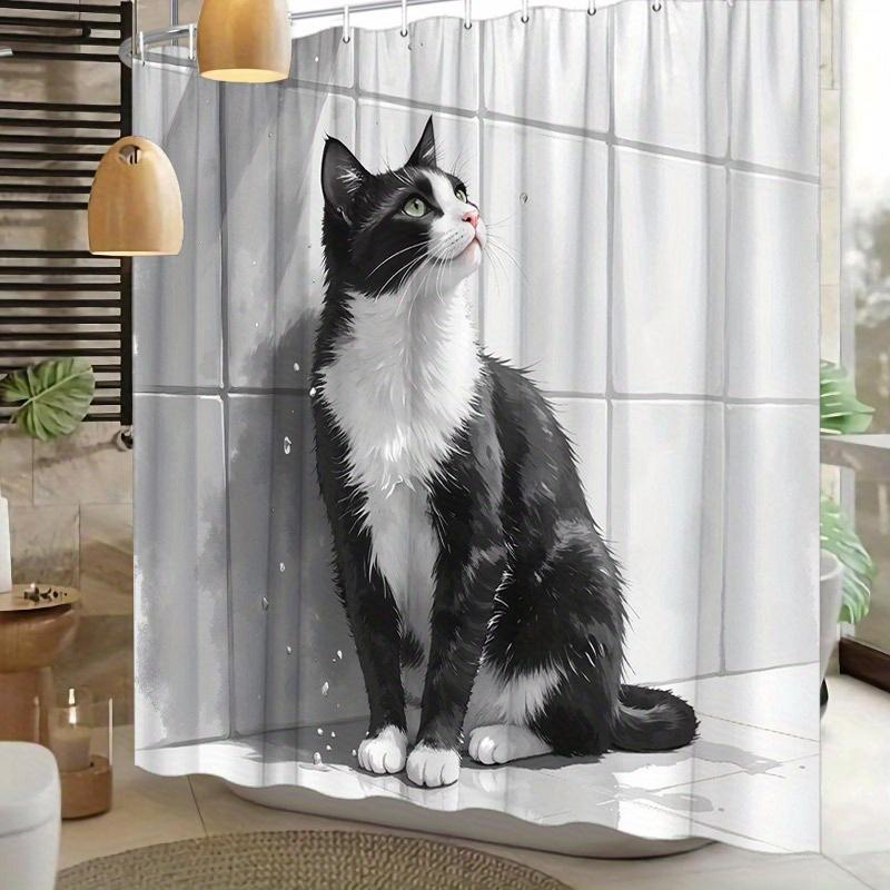 

Black And White Cat Shower Curtain Grayscale Monochrome Including 12 Hooks Suitable For Modern Bathroom Shower Curtain W60H190(CM)-1 Pcs