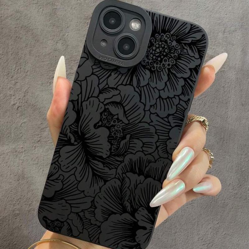 Matte Black Line Flower Sketch Protective Case for Apple 11/15 Pro Max/13