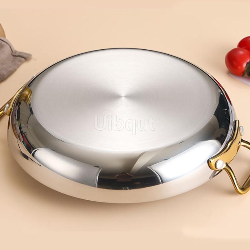 Stainless Steel Spanish Paella Pan Big Double Handle Round Flat Bottom Pan Western Restaurant Fried Chicken Pasta Plate Cookware