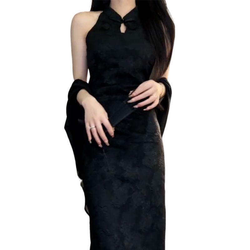 New Chinese Style Cheongsam Dress Women's New Spring and Summer High-end Black Temperament Dress Set