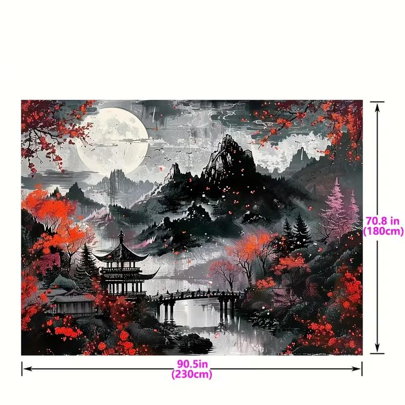 2D Moody Chinese Ink Tapestry Red Maple Moon Mountain Zen Aesthetic Background 47.2x31.5inch/120*80cm