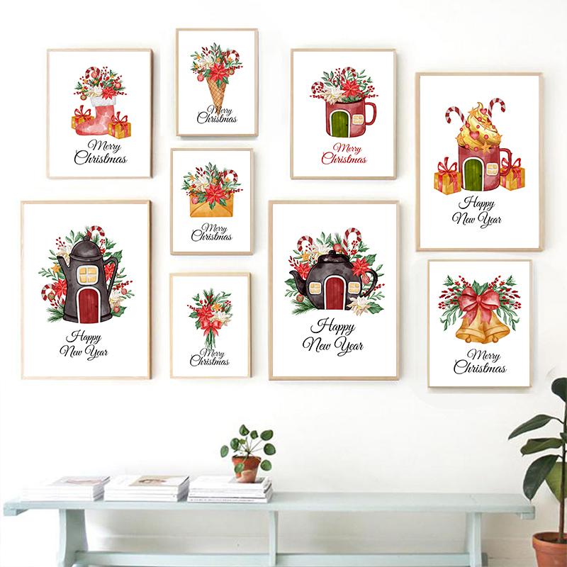 Christmas Cane Candy Decoration Wall Art Stocking Gifts Canvas Painting Jingle Bells Little House Poster Living Room Decoration
