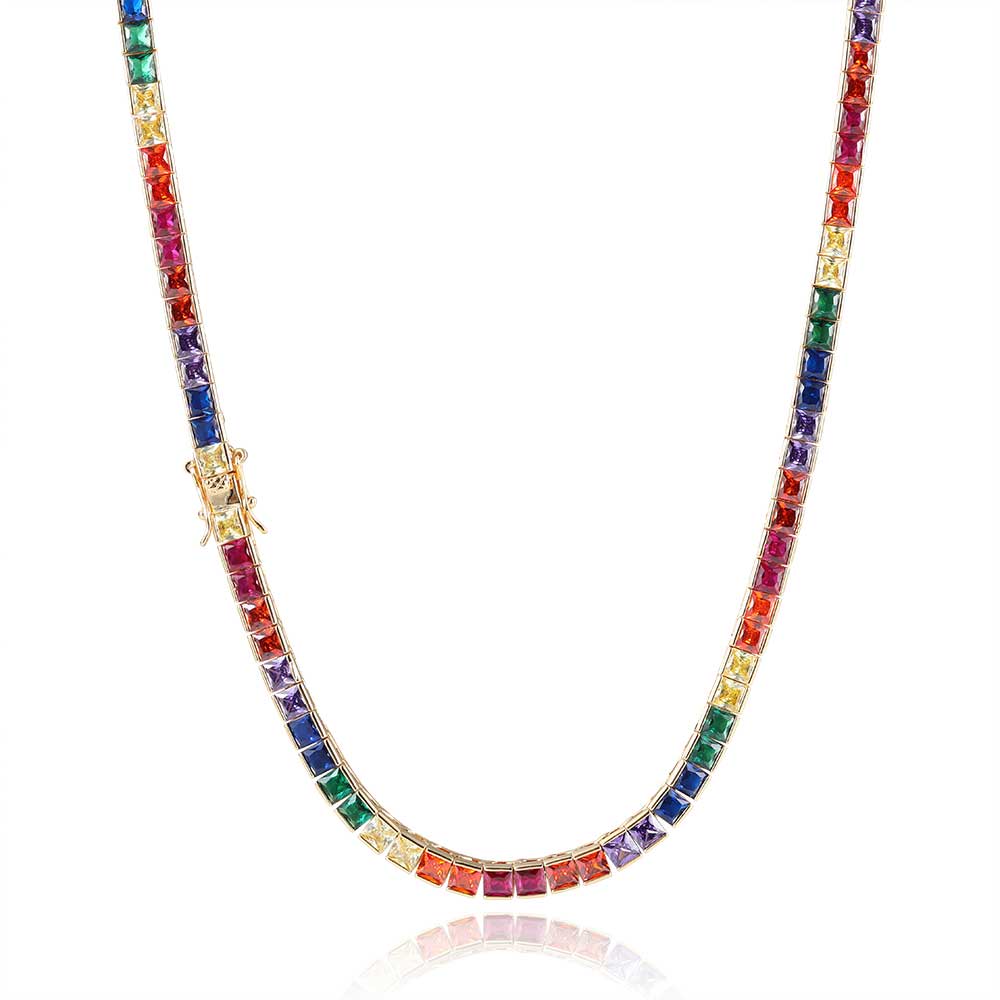 Iced Rainbow Colorful Tennis Necklace  Gold Plated Square Cubic Zirconia Tennis Chain Cuban Link Dainty Jewelry Gift