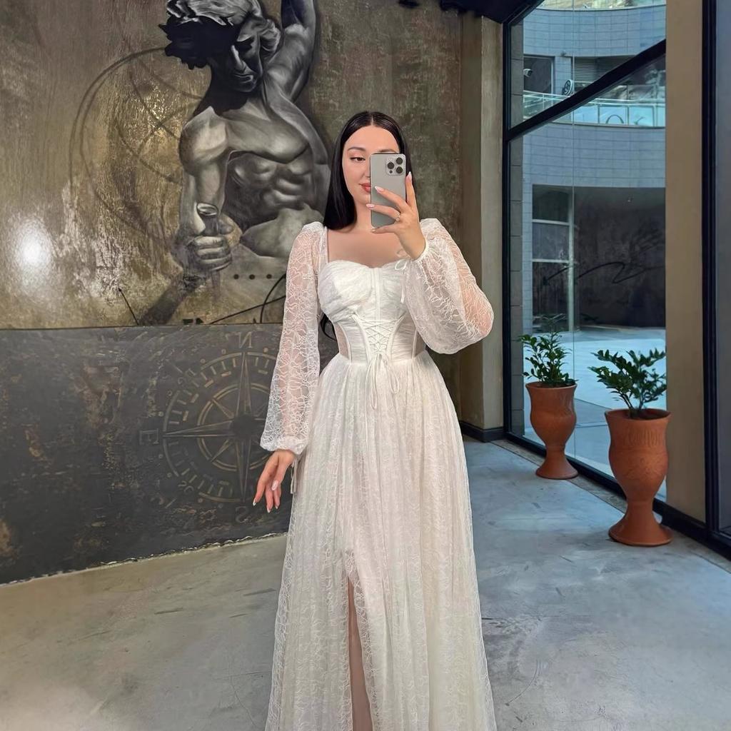 New Lace Waist Cinched Long Sleeve Maxi Dress, Elegant Evening Party Gown, European Style Long Dress for Women