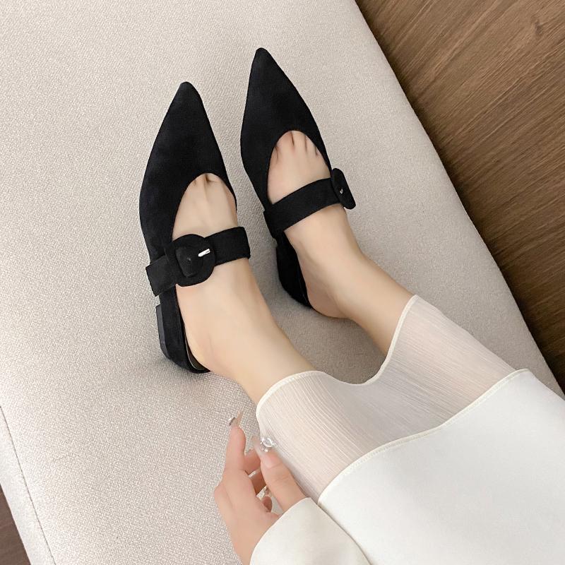 Mode Mode Hausschuhe Herbst Neu Spitz Zehenbereich Flach Wildleder Gerader Riemen Weiche Sohle Rutschfest Niedriger Absatz Umwickter Kopf Halbschlappen