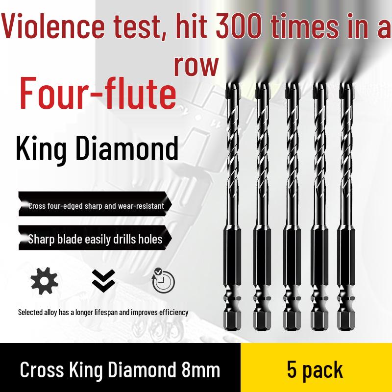 Impact Hex Shank Four-Blade Cross King Drill Bit for Concrete, Tile, and Glass