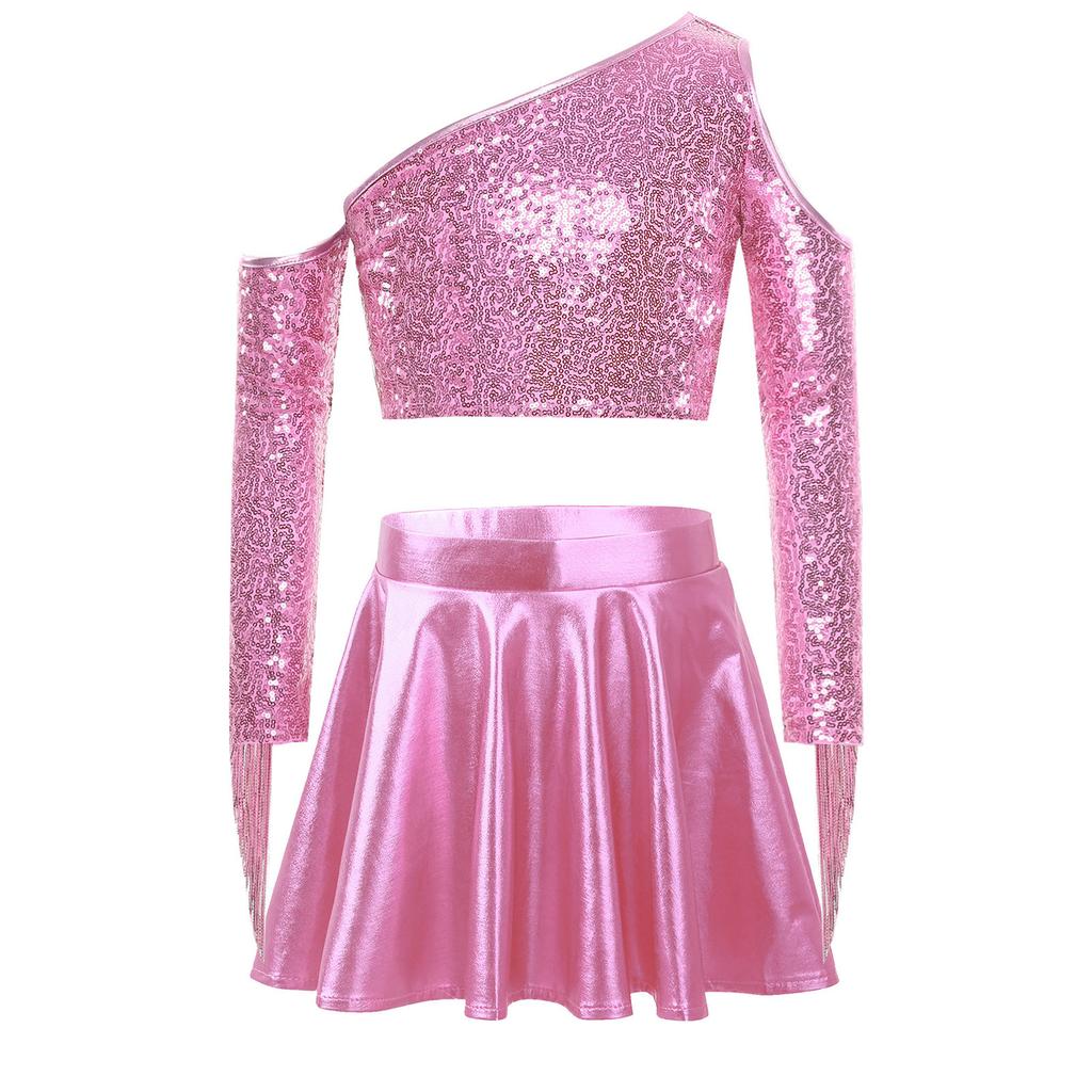 Kids Girls Metallic Stage Costume: One Shoulder Long Sleeve Sequined Crop Top & High Waist Pleated A-Line Skirt for Jazz Dance