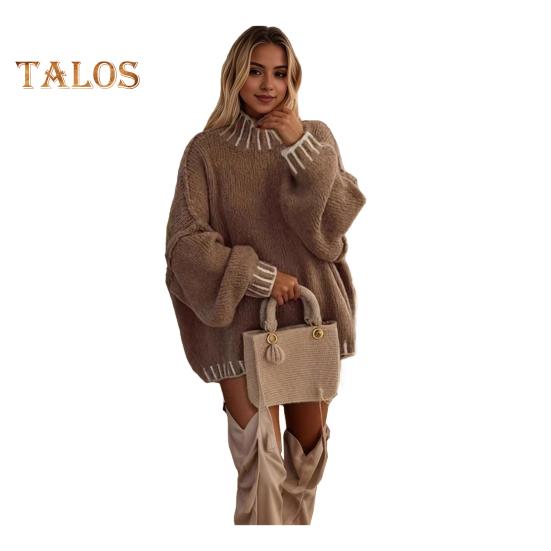 

Женский свободный свитер-свитер с высоким воротом и длинным рукавом в стиле пэчворк, зимние вязаные топы свободного кроя, утолщенные трикотажные топы L темные хаки