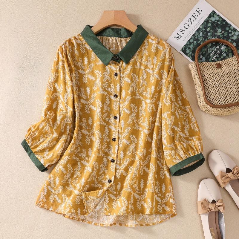 

Летняя рубашка из хлопка и льна с ретро-цветочным принтом и рукавами семь четвертей для женщин XXL жёлтый