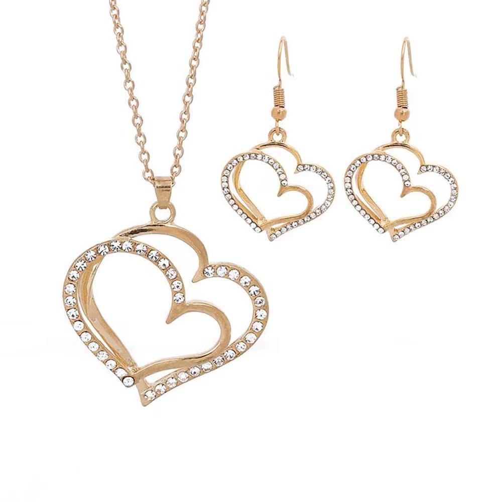 Necklace Women's Love Jewelry Set Retro Fashion Personality Alloy Diamond Hollow Heart Pendant Earrings