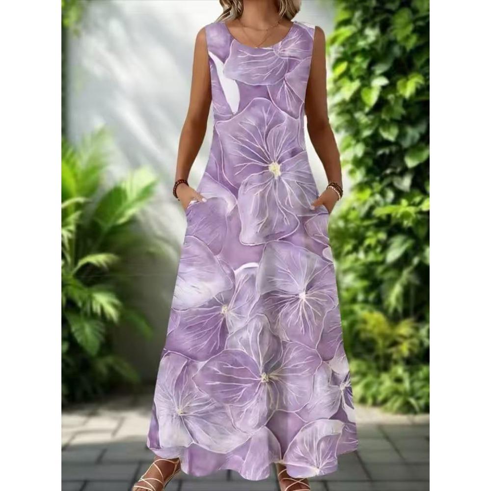 Women's Round Neck Sleeveless Floral Print Maxi Dress Loose Fit Casual A-Line Dress with Pockets