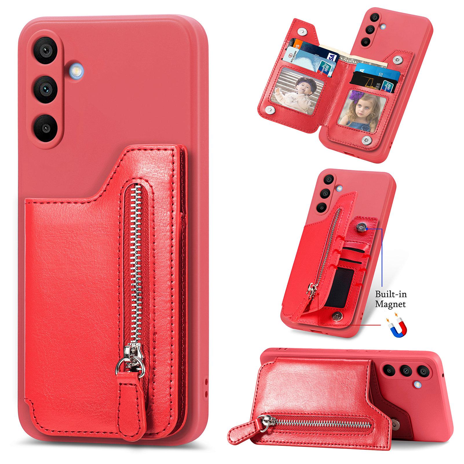 

Zipper Cards Solt Holder Leather Wallet Case For Samsung Galaxy S24 Ultra S23 FE S22 Plus A15 A25 A35 A55 Anti-drop Phone Cover For Galaxy A55 5G червоний