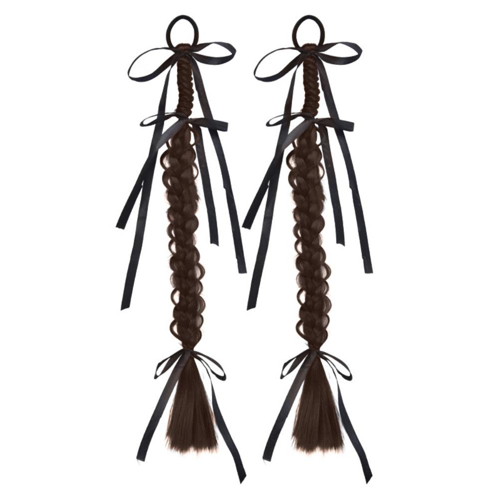 1Pair Fried Dough Ribbon Bow Double Ponytail Handmade Long Braiding Hair Extensions  Women/Girls
