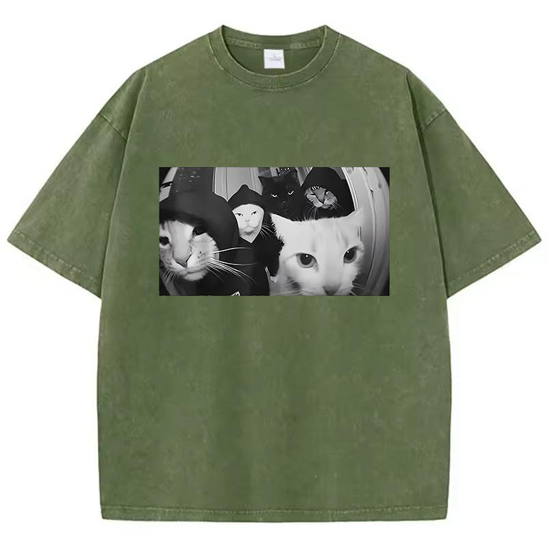 Trendy T Shirt Vintage Washed Cotton T-Shirt Streetwear Smoking Cat Graphic Tee Casual Streetwear Spring Summer