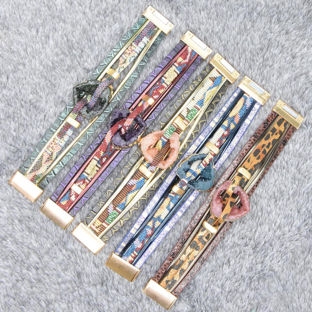 Multi Layer Geometric Hollow Bangle PU Leather Ethnic Style Woman Versatile Bangle Jewelry Accessory