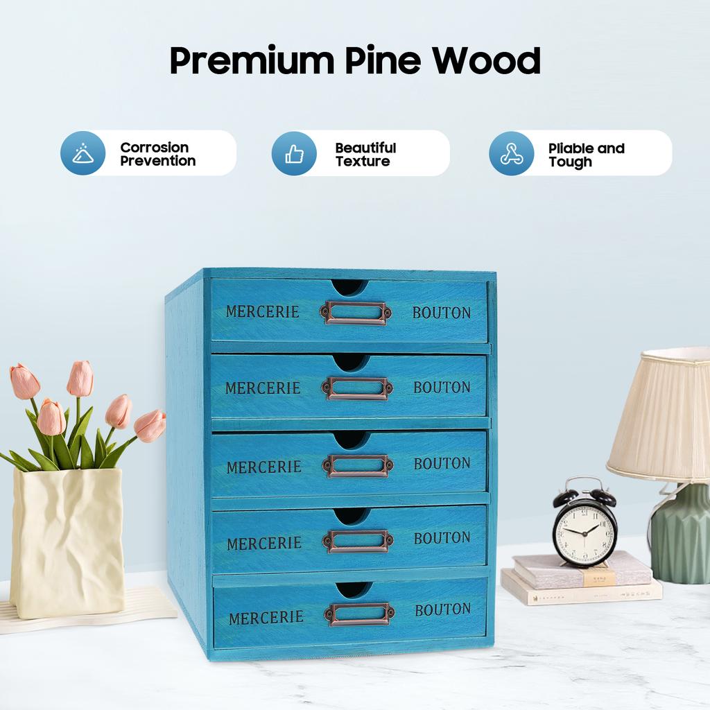Vintage Blue 5-Tier Drawer Organizer, Pine Wood Desktop Storage Cabinet for Office, Jewelry, Cosmetics, Spice,No Assembly Needed