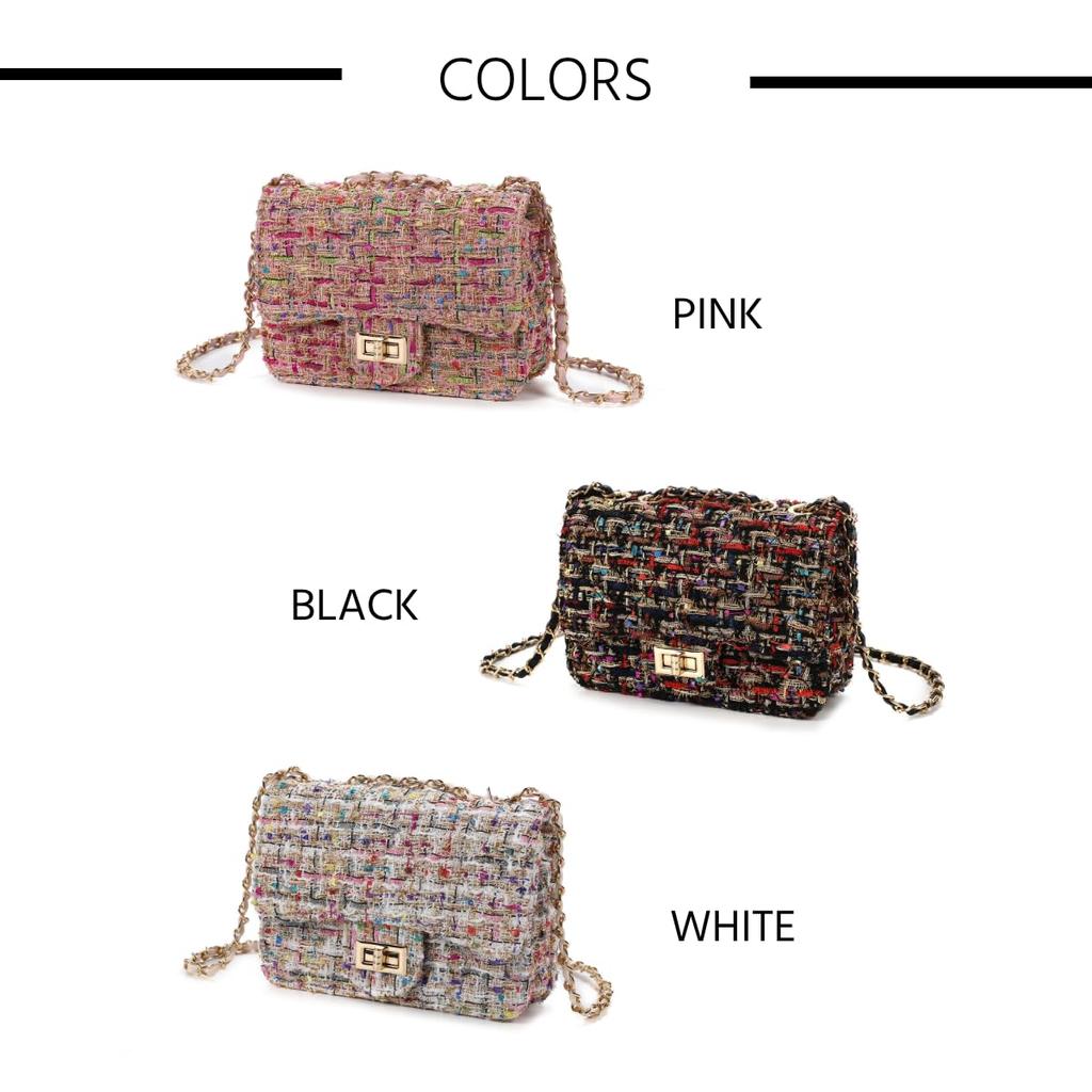[SHARE ITEMS] Women's Tweed Check Bag, Quilted Embroidered Shoulder Bag, Wool Handbag, Clutch Tote, Elegant Look (Black)