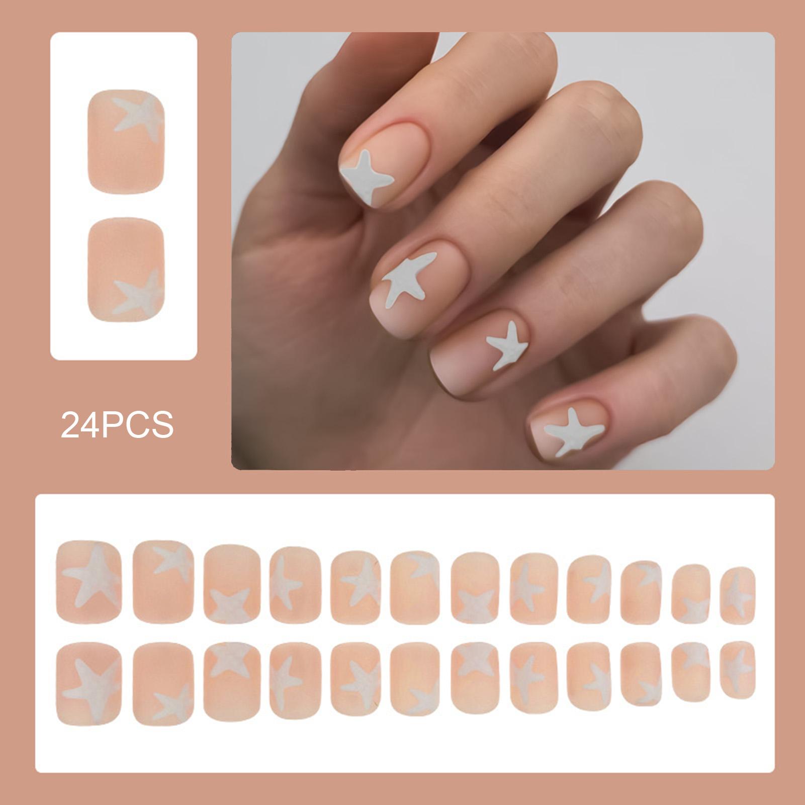 24pcs Matte Pink Fake Nails White Star Light Pink Short Square False Nails for Stage Performance Wear A