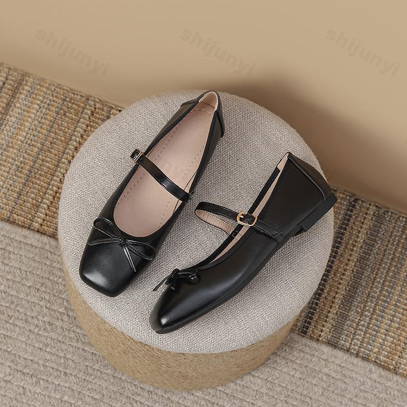 Fashion Large Size Women's Ballet Shoes Autumn Square Toe Soft Sole Bow Knot Mary Jane Shoes Elegant Luxury Fashion Buckle Strap Flats