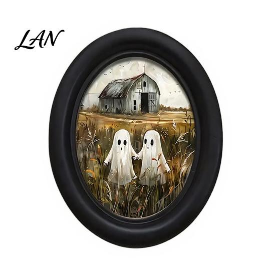 Ghost Oil Painting Print Halloween Wall Art, Cute Table Sign, Vintage Oval Framed Decor Picture, Decorative Art for Mantel Living Room Bedroom