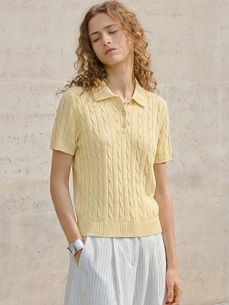 Old money style three-dimensional twisted flower and paper yarn short-sleeved polo shirt lapel T-shirt women's summer twist knitted sweater commuter t