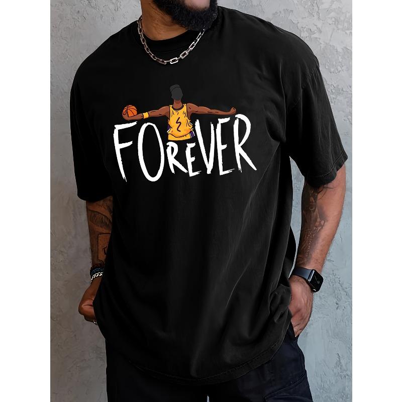 European Size Men's Forever Basketball Graphic T-Shirt, Casual Crew Neck Short Sleeve, Street Style Summer Top