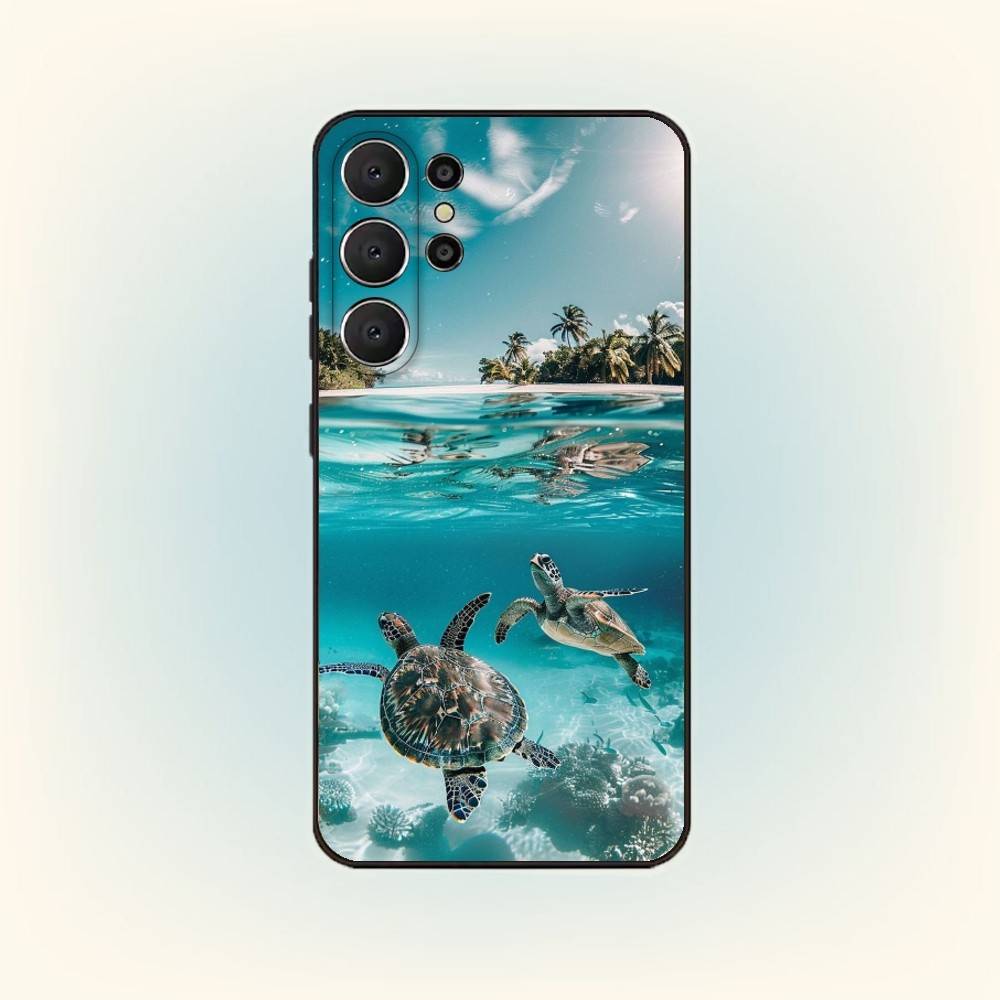 Mořský život Želva Umění Pouzdro na telefon Pro Samsung S25,24,23,22,30,21,10,9,Ultra,Plus,Lite,FE Černé Měkké pouzdro