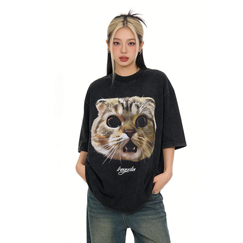 Summer T-Shirt Trendy Cat Printing Washing Water Pure Cotton Loose Casual Couple Short-Sleeved T-Shirt Men And Women Trendy