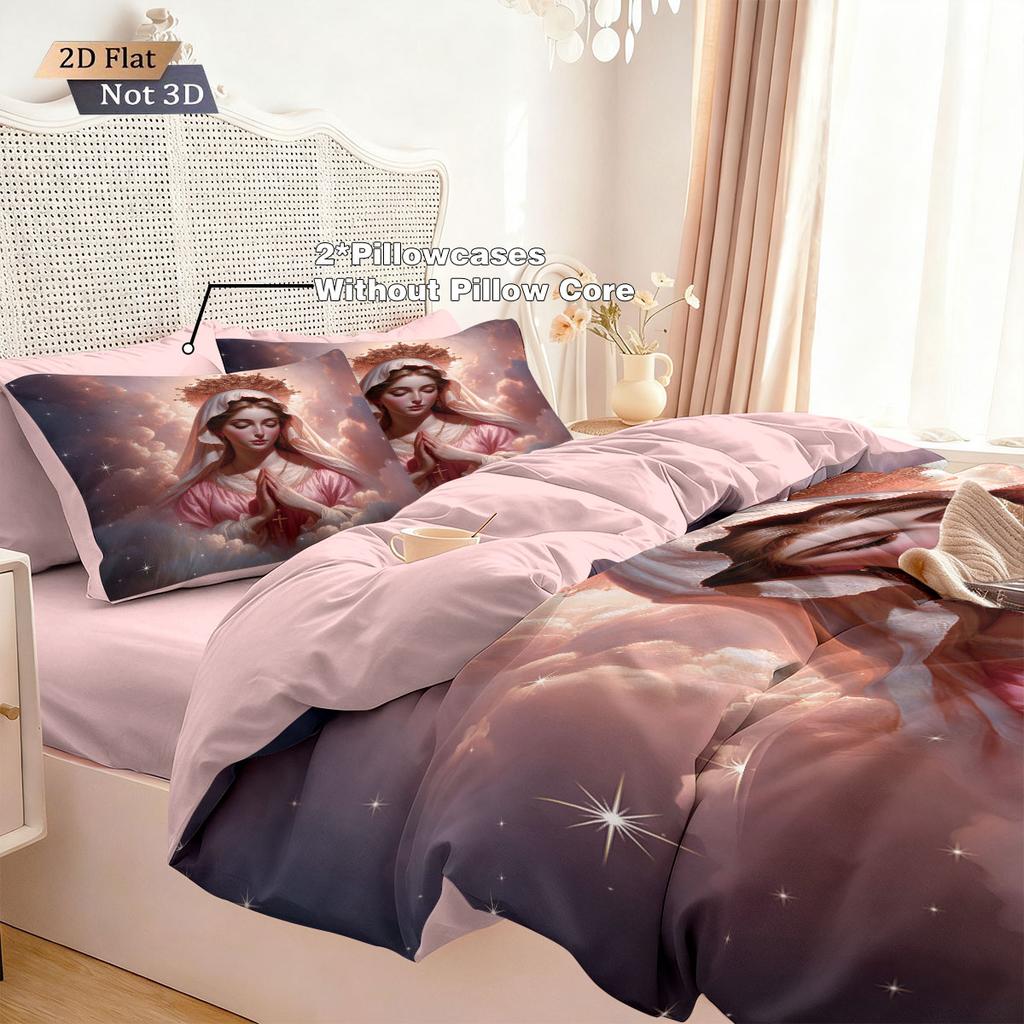 3pcs Virgin Mary Pink Printed Core Free Bedding Set Soft and Comfortable Dormitory Bedroom Multiple Sizes Machine Washable