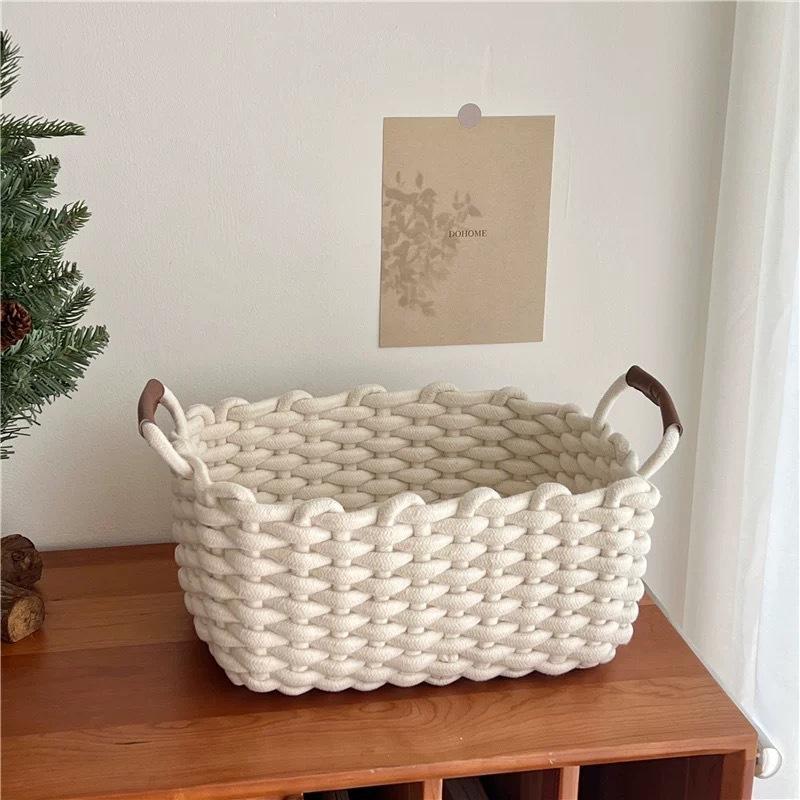 Handmade Cotton Rope Storage Basket Jewelry Storage Baskets Living Room Desktop Organize Box with Handle Bedroom Organizing Box