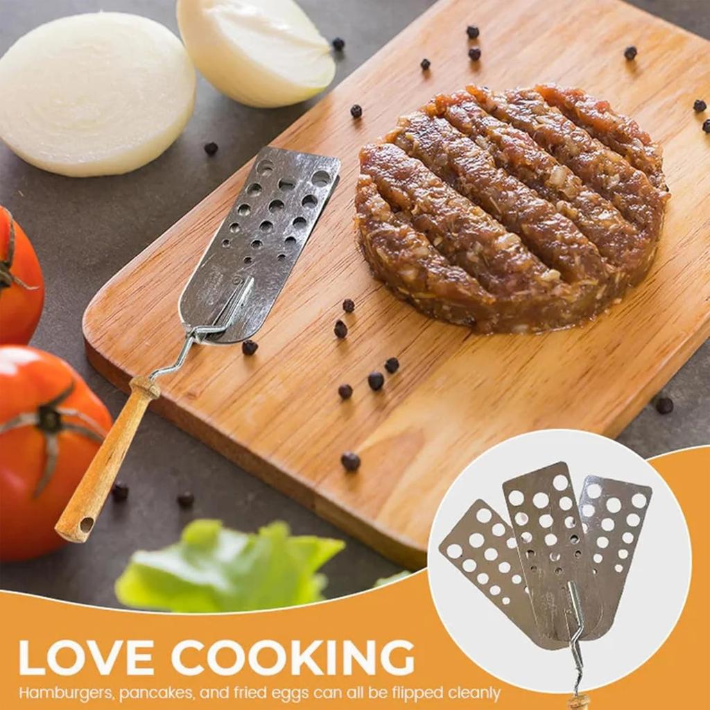 Creative Hot Meat Patty Spatula, Stainless Steel Slotted Burger With Wood Handle, Smashed Burger Press Scraper Tool For Griddle, BBQ