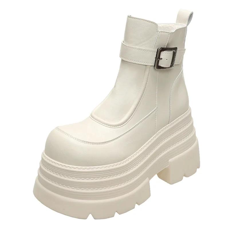 Нові Жіночі Хутряні Ботильйони на Щиколотці Товста Підошва Шкіряні Бойові Мотоциклетні Чоботи Осінь Зима Теплі Плюшеві Висока Платформа Зимове Взуття Жіноче 10 СМ