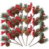 10pcs Simulated Christmas Cuttings Pine Needles Xmas Fake Branches Picks Pinecone Cuttings Artificial Red Fruit Pine Decoration