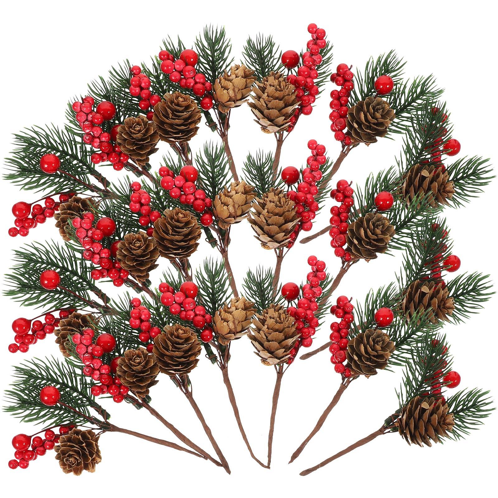 10pcs Simulated Christmas Cuttings Pine Needles Xmas Fake Branches Picks Pinecone Cuttings Artificial Red Fruit Pine Decoration
