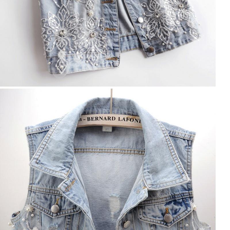 2025 Spring/Summer Women's Distressed Denim Vest with Heavy Beaded Floral Design