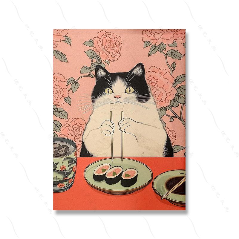 Japanese Black Cat Eating Sushi Frog Ramen Art Print Wall Decor Kitchen Dining Poster Aesthetic Unique Cat Lover Gift Poster