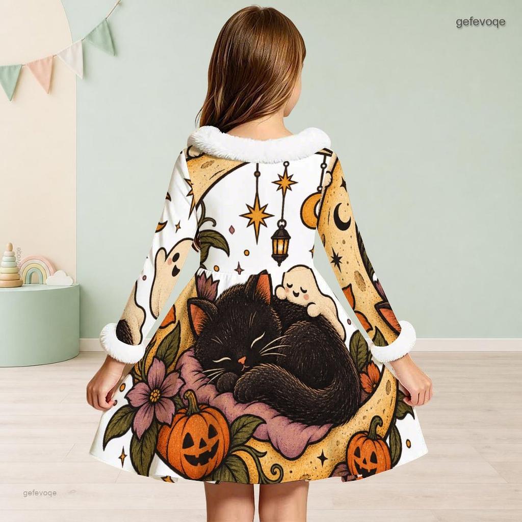 Girls High Neck Long Sleeve Halloween Black Cat Pumpkin Printed Fuzzy Trim A Line Dress