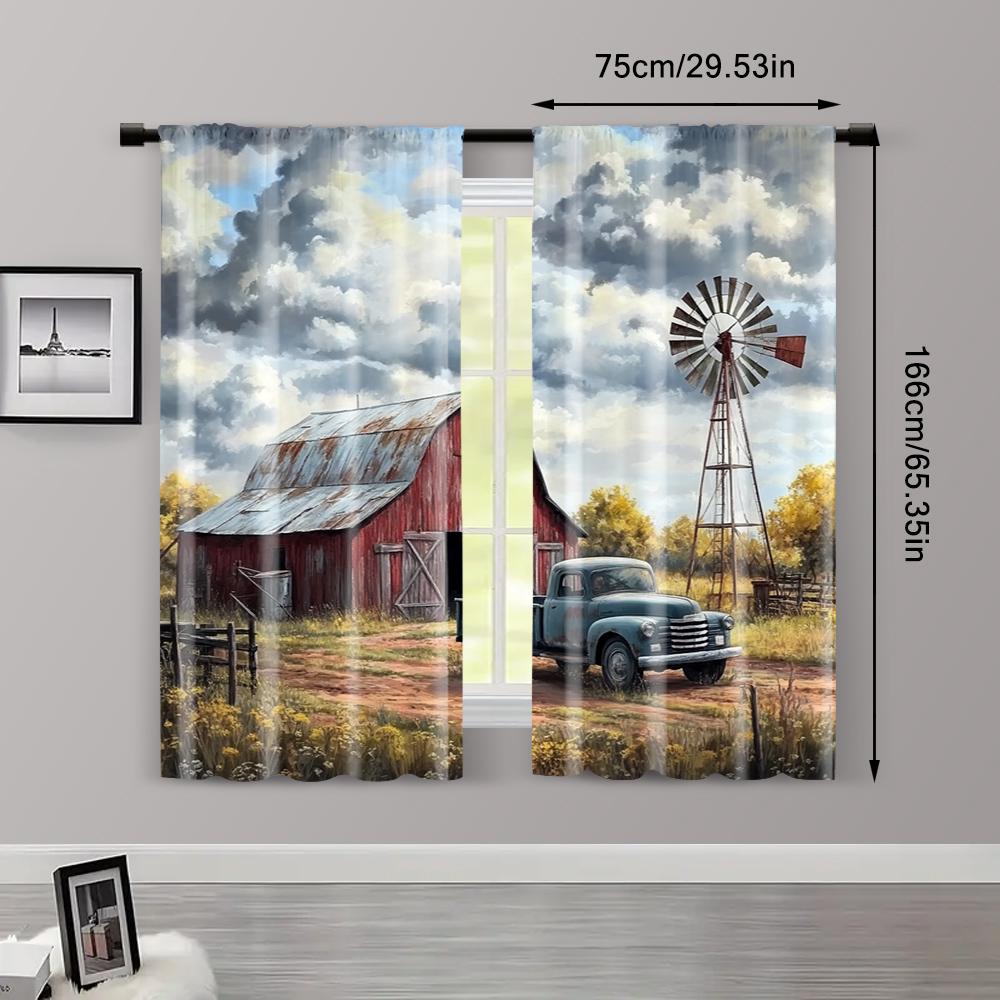 2pcs, Pattern Curtains Farmhouse Windmill Canvas Art with Vintage Trucks Polyester (without Rod) Decorations Inside Use for