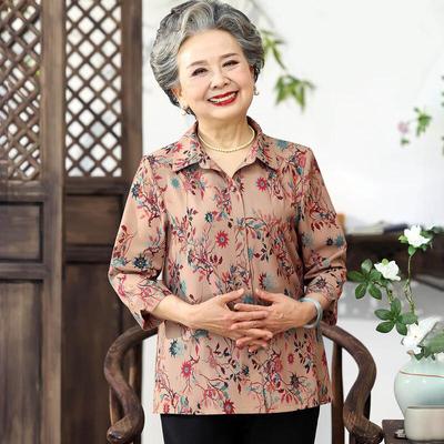 Elderly Women's Embroidered Lapel Seven-Quarter Sleeve Shirt