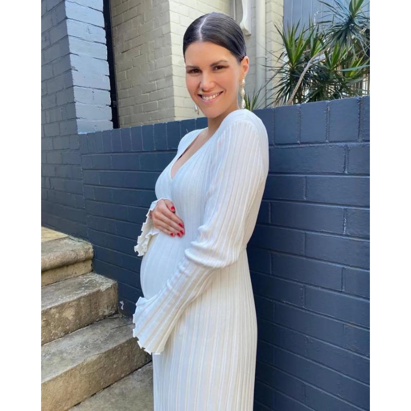 Rib-knit Side Split Maxi Dress Women Solid Color V-neck Slim Fit Robes Autumn Chic Office Lady Commuter Long Dresses