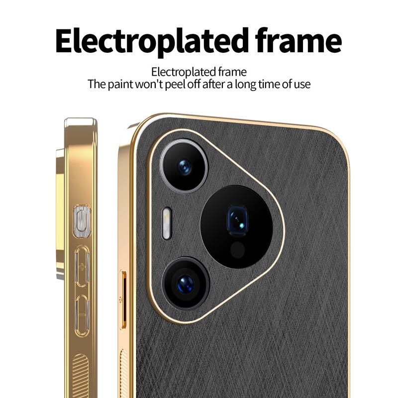 Stripe Thread Texture Leather Back Plating Case For Huawei Pura 80 70 Ultra Pro + Anti Fingerprint Slide Camera Protector Shell