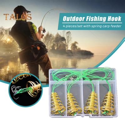 Set da 4 ganci da pesca con trappola a molla per carpa, anti-groviglio, resistenti, con filo verde, con ardiglione in metallo, accessori per la pesca alla carpa
