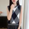 Fall/Winter New Style Round-neck Sleeveless Knitted Wool Sweater Women's Color-Contrasting Diamond Pattern Jacket Blouse Top