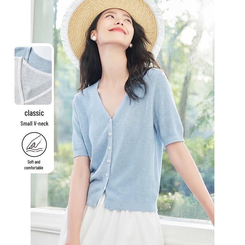 Chushen Women s V-Neck Knitted Short Sleeve Top M