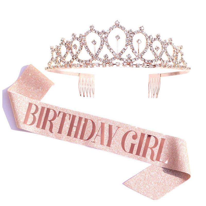 Birthday Sparkly Crown Girl Rhinestone Headband Belt Queen Etiquette with Birthday Decorating Party Supplies Estuche Alpicool