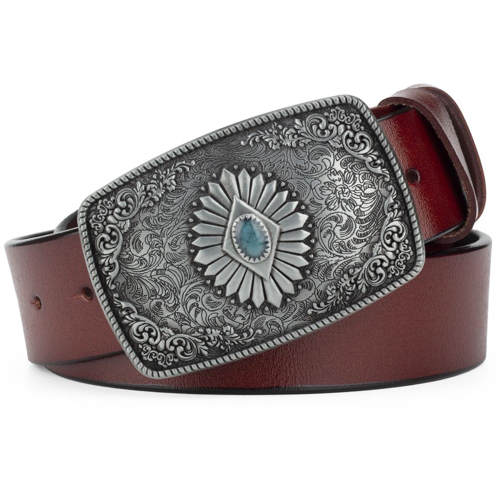 Classical Silver Carved Flower Pattern Buckle Enamel Sapphire Genuine Leather Belt For Women Men Belts Gift