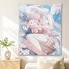 Kawaii Bunny Angel Girl Tapestry, White Hair Pink Eyes Cherry Blossom Anime Wall Hanging for Sweet Girls Bedroom Decor