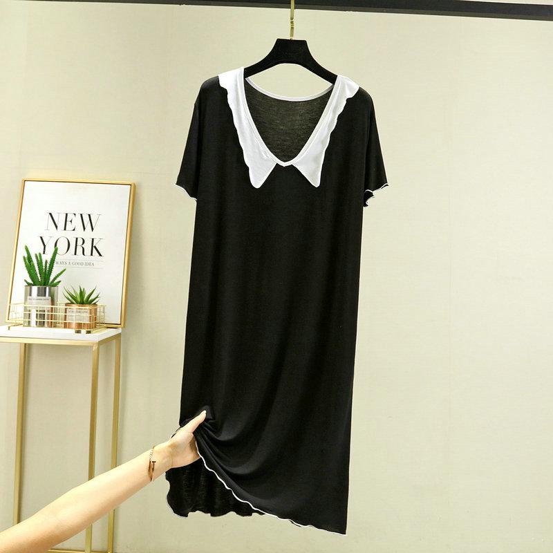 

Ночная рубашка из модального хлопка с воротником-куколкой - короткий рукав, средней длины, свободный крой для женщин XXL чёрный