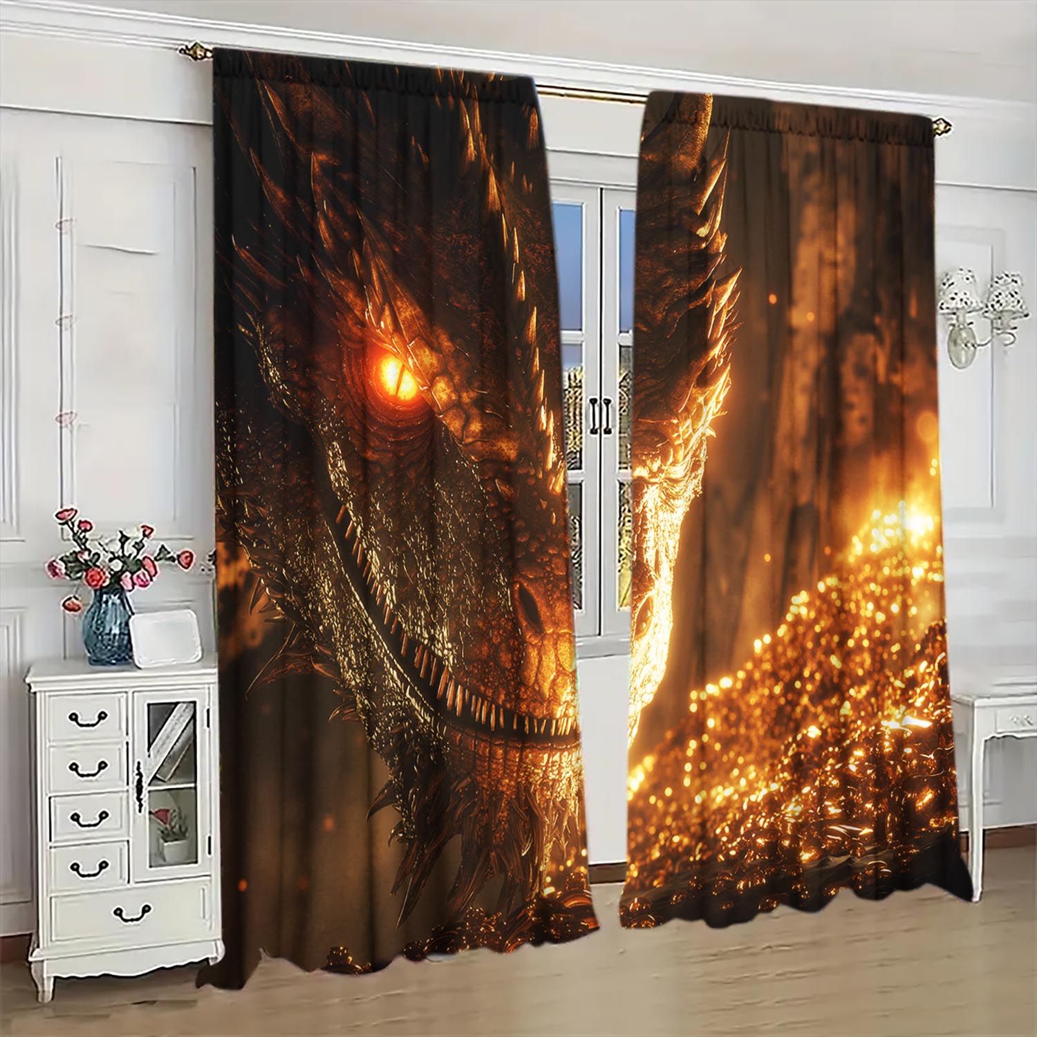 

Panels Dragon Gold Printed Curtains Shade Privacy Protection Suitable Decorating Various Rooms Curtain Made Of Polyester Washable W100*H70(CM)-Hooks&2PCS