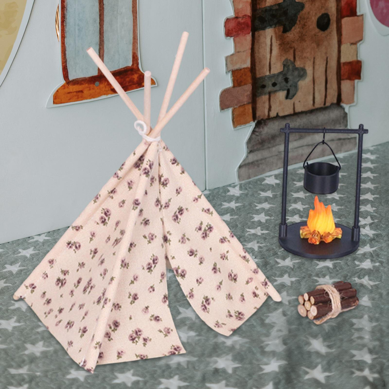 

1/12 Miniature Dollhouse Camping Tent Accessories Decor Diorama Hanging Firewood for Fairy Garden Pink Tent